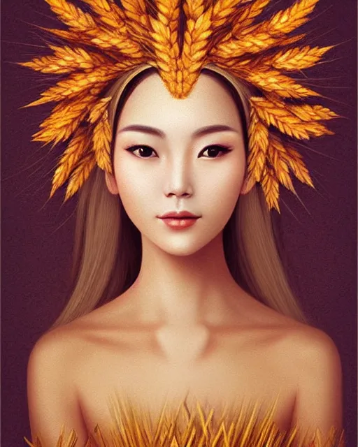 Image similar to goddess of autumn, with wheat ears on her head, chinese beauty, half - length head portrait, dreamy, beautiful, by wlop