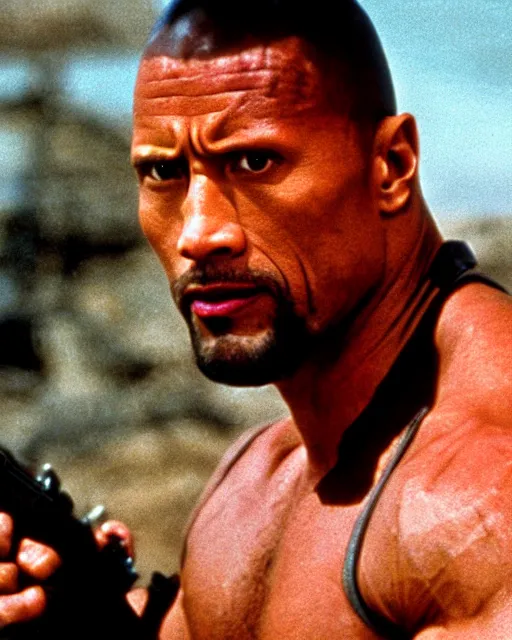 Image similar to film still close up shot of dwayne johnson as max rockatansky in the movie mad max 2 the road warrior. photographic, photography