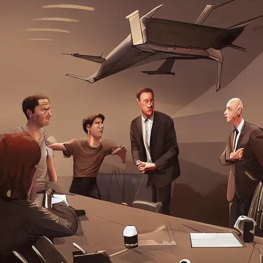 Prompt: comic scene of elon musk, mark zuckerberg, jeff bezos, in meeting together, very detailed, art contest winner on behance, trendy on deviant art, by artgem, stanley lau, craig mullins