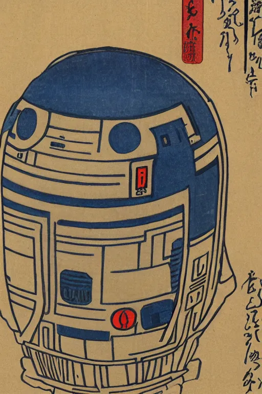 Image similar to Japanese woodblock print of r2d2, hokusai