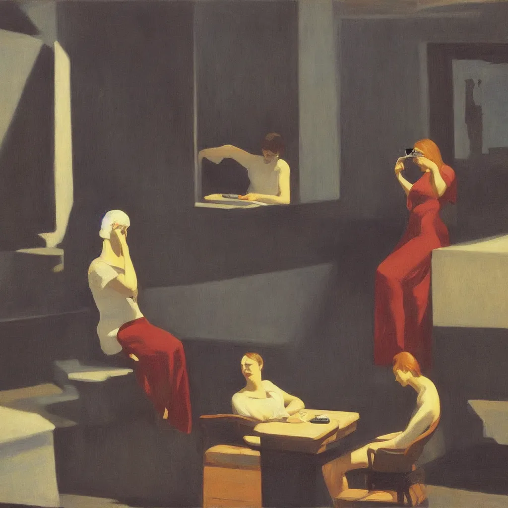 Image similar to i, a beautiful woman playing her iphone, by edward hopper