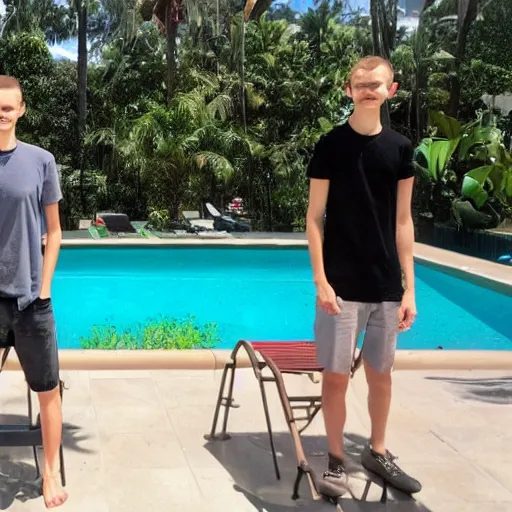 Prompt: vitalik buterin and sam bankman - friedman hanging by the pool