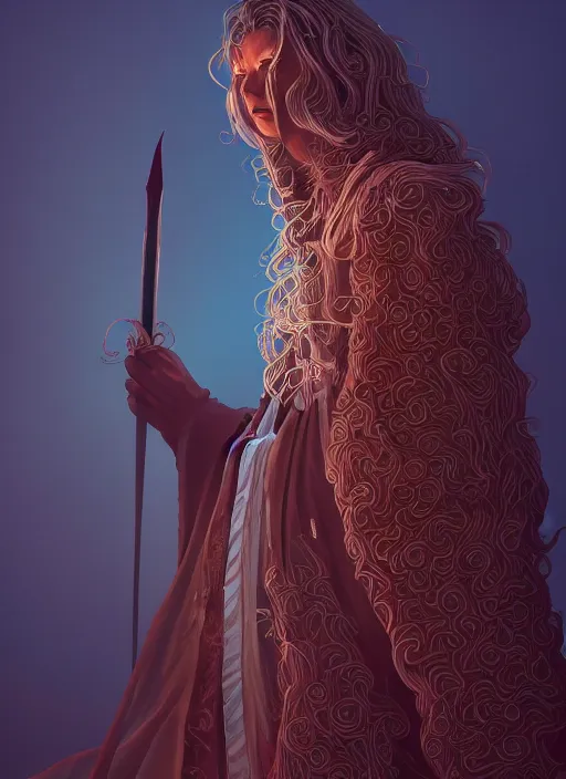 Image similar to beautiful illustration of a wizard with a robe made of ribbons of flesh, in the style abigail larsonand and sam guay, rim light, beautiful lighting, 8 k, stunning scene, octane, trending on artstation