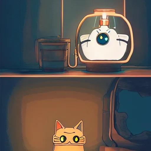 Prompt: a playful robotic cat playing with a ball made out of copper, studio ghibli, extremely detailed, cozy, cabin interior, cinematic lighting, cute,