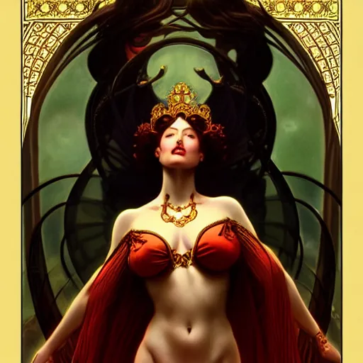 Prompt: of a sensual female tarot card empress, dark fantasy, medium shot, intricate, ornate, elegant, highly detailed, digital painting, volumetric light, artstation, concept art, smooth, sharp focus, illustration, art by Gil Elvgren and Greg Rutkowski and Alphonse Mucha