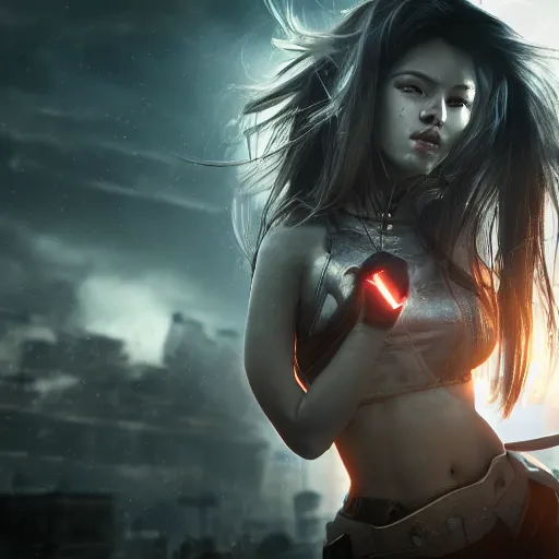 Image similar to beautiful android girl in full battle gear in a destroyed city, moody lighting, 8 k, shallow depth of field, cinematic lighting,