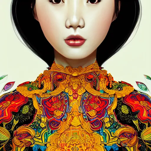 Image similar to the portrait of a beautiful and elegant young asian woman made up of peppers, an ultrafine detailed illustration by james jean, intricate linework, bright colors, final fantasy, behance contest winner, vanitas, angular, altermodern, unreal engine 5 highly rendered, global illumination, radiant light, detailed and intricate environment