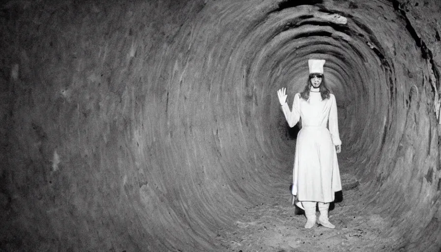 Image similar to portrait of a white female phantom with a root fingers in an empty soviet tunnel, early black and white 8mm, heavy grain, low quality,