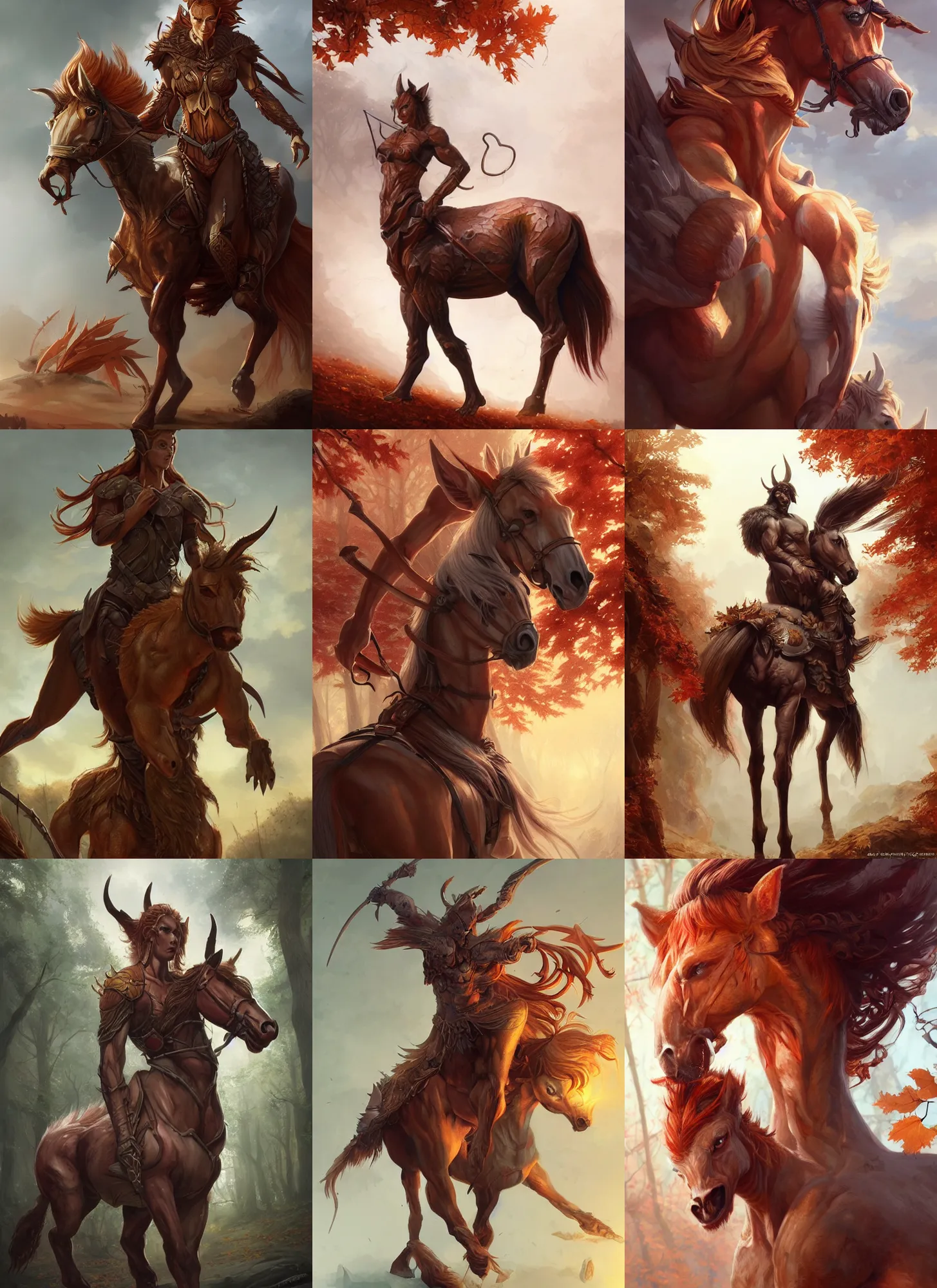 Prompt: autumnal centaur, d & d, fantasy, portrait, highly detailed, digital painting, trending on artstation, concept art, sharp focus, illustration, art by artgerm and greg rutkowski and magali villeneuve