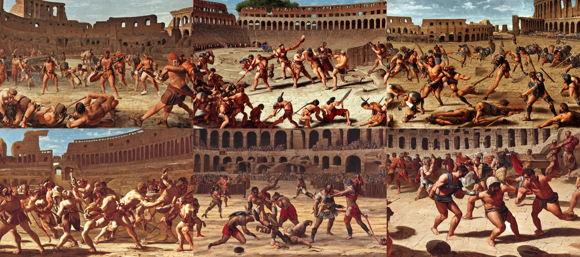 Image similar to Gladiators fighting in a roman colosseum