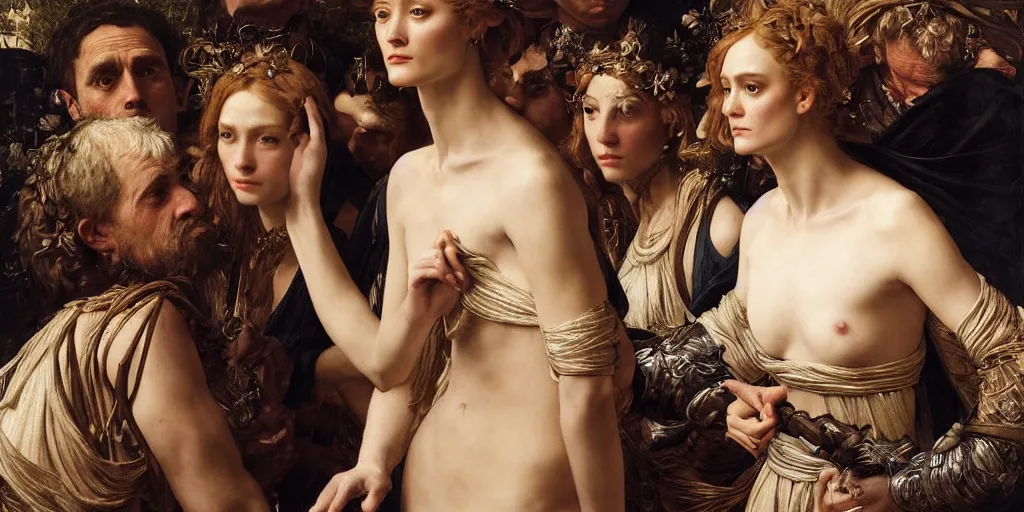 Prompt: masterpiece contrite conundrum, beautiful Helen of Troy/Diane Kruger surrounded by muses of quarrel, by Edgar Maxence and Caravaggio and Michael Whelan and Caravaggio artistic, intricate drawing, light brazen, realistic fantasy, extremely detailed and beautiful aesthetic face, establishing shot, 8k resolution, dramatic lighting