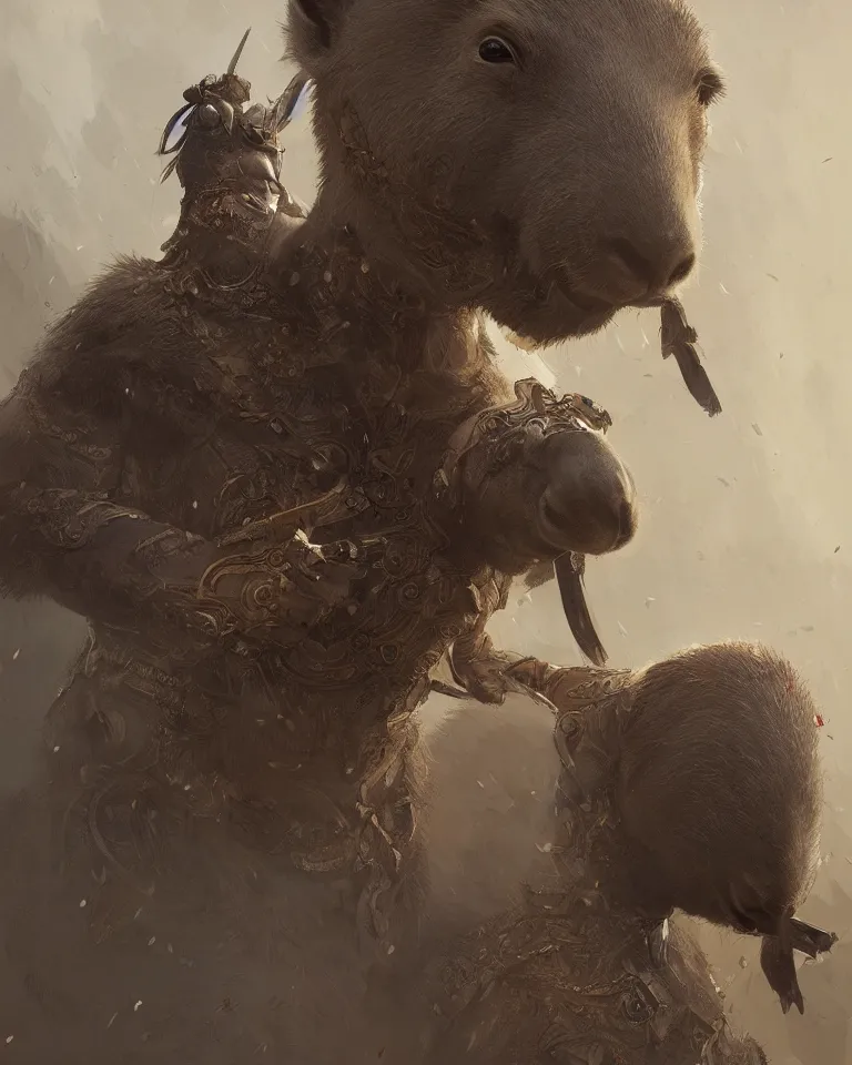 Image similar to portrait of a capybara warrior, elegant intricate armour, highly detailed, matte painting, artstation, 4 k, concept art, greg rutkowski