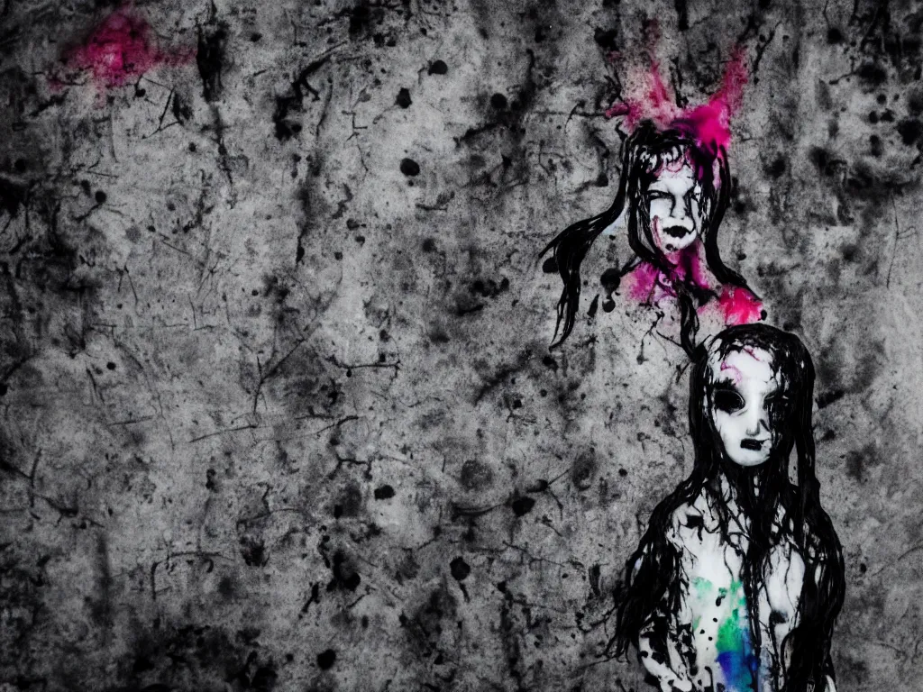 Image similar to ghost wraith apparition caught on camera, graffiti, cute fumo plush gothic black enigmatic maiden girl painted in spilt ink and washed watercolor, minimalist avant garde pop art, filmic, vignette, captured on canon eos r 6