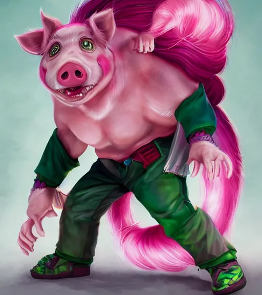 Image similar to portrait of'tomba!'with male with pink hair and green pants, attacking pig by ross tran, artgerm and wlop