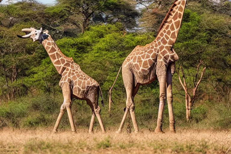 Prompt: a giraffe elephant!!! hybrid! hyper realistic!! realistic lighting!! wildlife photographer of the year!!! bold natural colors, national geographic, hd, wide angle, 8 k