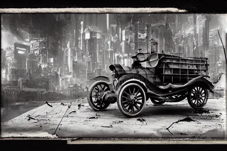 Prompt: cyberpunk 1 9 0 8 model ford t by paul lehr, jesper ejsing, metropolis, parked by view over city, vintage film photo, robotic, damaged photo, scratched photo, silent movie, black and white photo