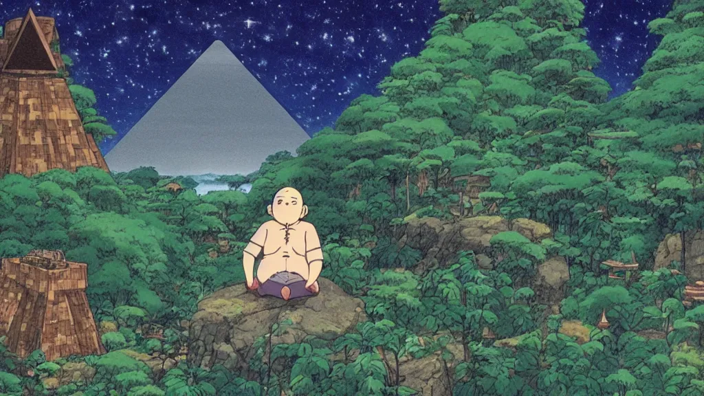 Image similar to a movie still from a studio ghibli film showing a huge dwarf meditating. a pyramid is under construction in the background, in the rainforest on a misty and starry night. a ufo is in the sky. by studio ghibli