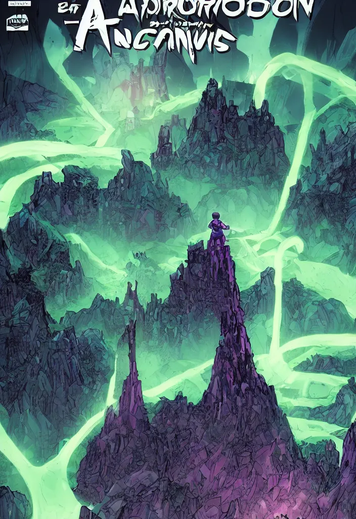 Image similar to A comic book cover of an android with glowing features and back to the camera, looking across a vast chasm and old rope bridge. On the mountain facing him is a crystal temple with a tower glowing in the fog, grand scale, stylized, purple and green