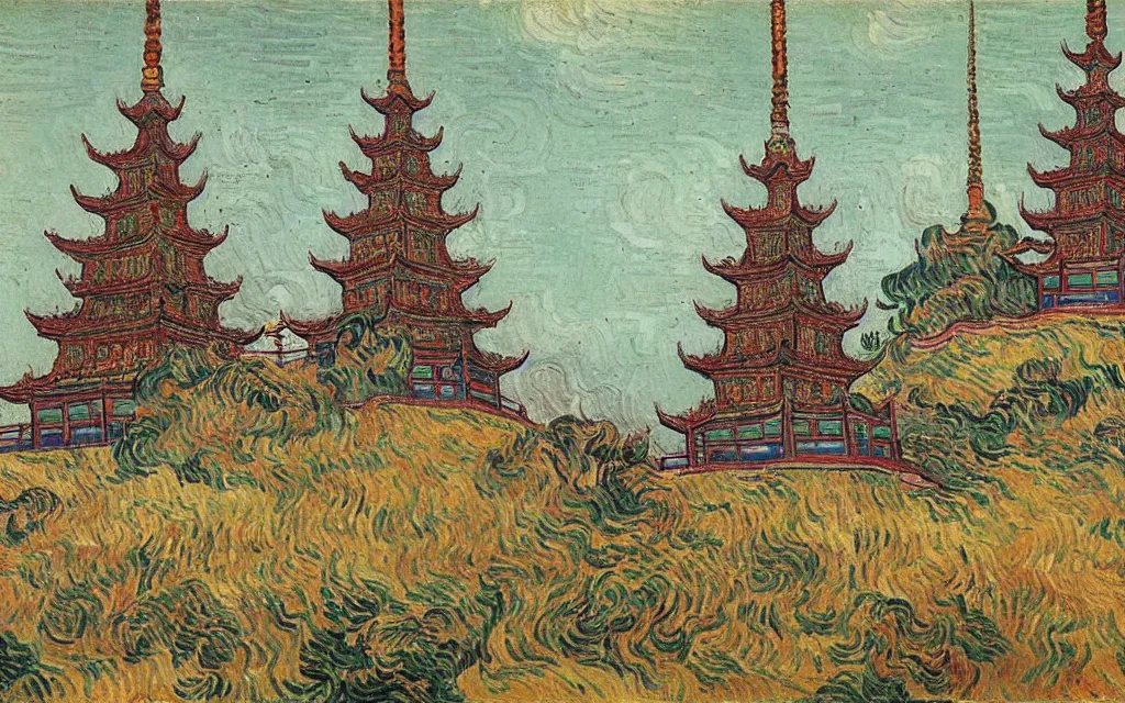 Prompt: twin ornate chinese buddhist pagodas in a beautiful chinese landscape by vincent van gogh