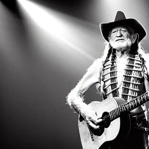 Prompt: willie nelson on stage, detailed image, four fingers holding guitar. god rays through fog.