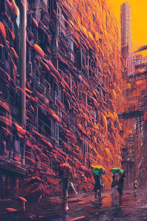 Prompt: people in a busy city people surrounded by 3d graffiti paint dripping down to the floor, hiroshi yoshida, painterly, yoshitaka Amano, artgerm, moebius, loish, painterly, and james jean, illustration, sunset lighting