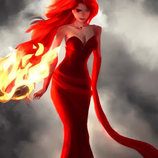 Image similar to a goddess with red hair and red dress with a fire aura, trending on artstation