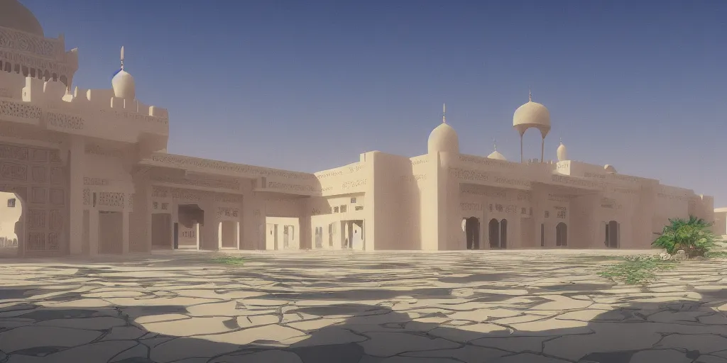 Prompt: an arabian palace in the desert by makoto shinkai