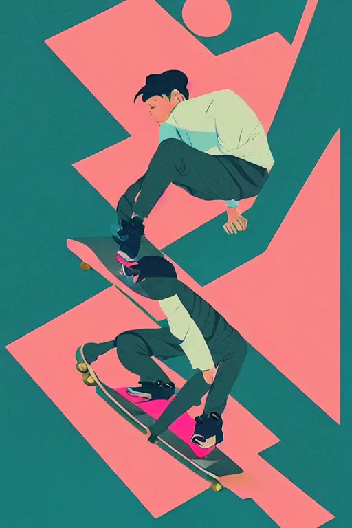 Image similar to a man riding a skateboard on top of a pink surface, poster art by victo ngai, ori toor, kilian eng behance contest winner, crystal cubism, poster art, cubism, tarot card, psychedelic art, concert poster, poster art, maximalist