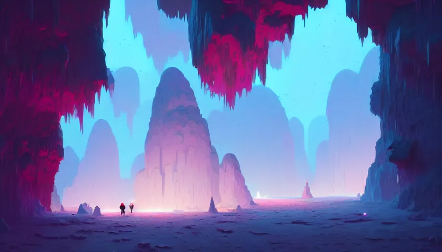 Prompt: highly detailed matte painting of a glistening crystal cave by atey ghailan, by greg rutkowski, by greg tocchini, by james gilliard, by joe fenton, pink, brown, black and light blue color scheme, octane render