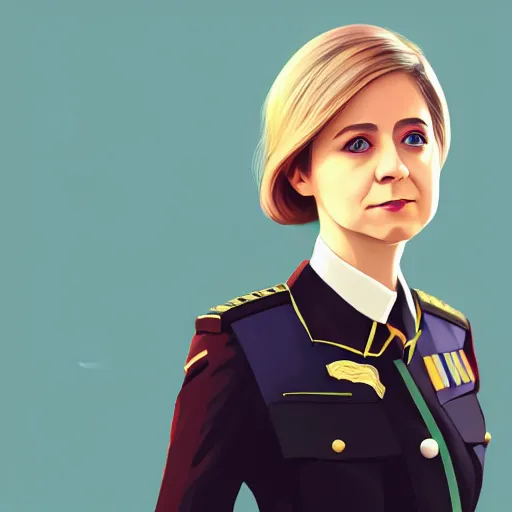 Image similar to natalya poklonskaya as young female, young female prosecutor at her job, muted colors, matte print, pastel colors, 2d, ultra highly detailed, smooth, sharp focus, digital art, digital painting, fan art, elegant, artstation, head is centered, by Ilya Kuvshinov