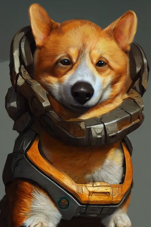 Image similar to master chief as a corgi, oil on canvas, intricate, portrait, 8 k highly professionally detailed, hdr, cgsociety