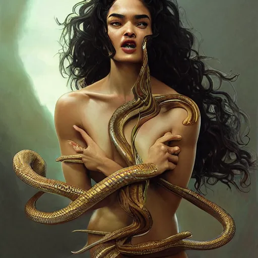 Image similar to Shanina Shaik as Medusa, screaming, snakes for hair, intricate, elegant, highly detailed, digital painting, artstation, concept art, smooth, sharp focus, illustration, art by artgerm and greg rutkowski and alphonse mucha