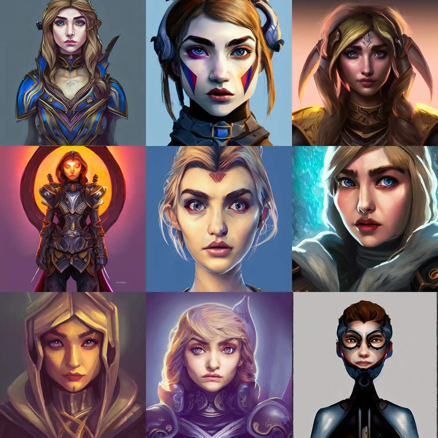 Prompt: front facing symmetrical centered painted portrait, headshot of Imogen Poots as a D&D Paladin, RPG character avatar, Arcane cell shades style, League of Legends concept art, global illumination lighting, Pixar