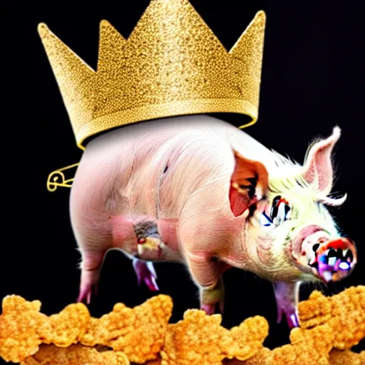 Prompt: pig wearing a gold crown eating a pork rind 8k resolution