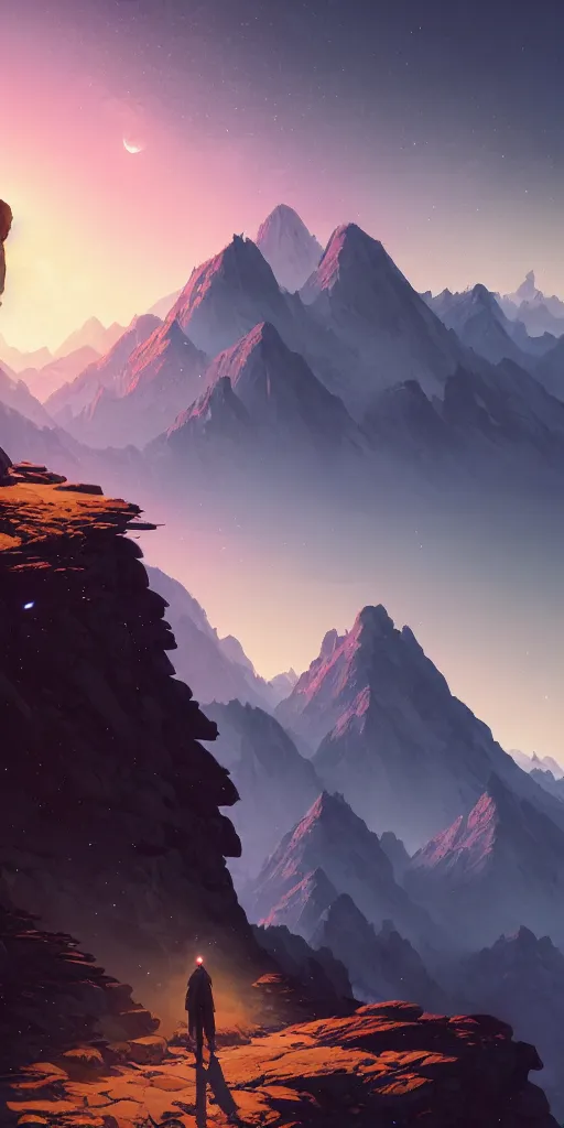 Image similar to highly detailed mountain in night, gta v, stephen bliss, unreal engine, fantasy art by greg rutkowski, loish, rhads, ferdinand knab, makoto shinkai and lois van baarle, ilya kuvshinov, rossdraws, tom bagshaw, global illumination, radiant light, detailed and intricate environment