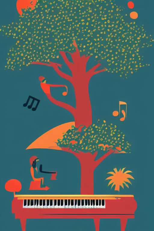 Prompt: jazz festival poster ( a piano under trees ), ( no text )!, vector graphics, svg, fun, music, undraw style, pinterest, artstation, inkscape, colorful