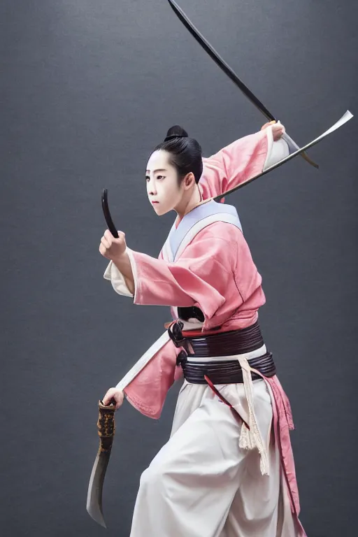 Image similar to highly detailed beautiful photo of a young female samurai, practising sword stances, symmetrical face, beautiful eyes, realistic anime art style, 8 k, award winning photo, pastels, action photography, 1 / 1 2 5 shutter speed, dramatic lighting