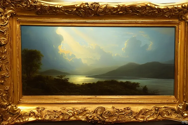 Prompt: sci-fi landscape, dramatic lighting, hudson river school painting, cinematic