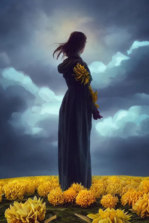 Image similar to closeup girl with huge yellow dahlia flower face, intricate, standing on mountain, surreal photography, blue storm clouds, dramatic light, impressionist painting, digital painting, artstation, simon stalenhag