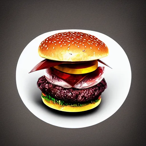 Prompt: a hybrid hamburger that's mostly crystal, digital art, dramatic product photography