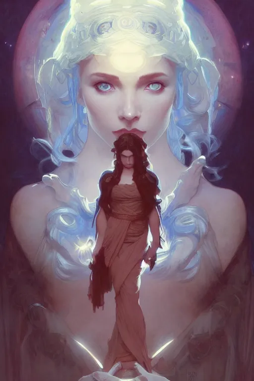 Prompt: bright cube above a portrait of a beautiful dark mystical woman, ice blue eyes, artstation, concept art, smooth, sharp focus, illustration, art by artgerm and greg rutkowski and alphonse mucha and william - adolphe bouguereau