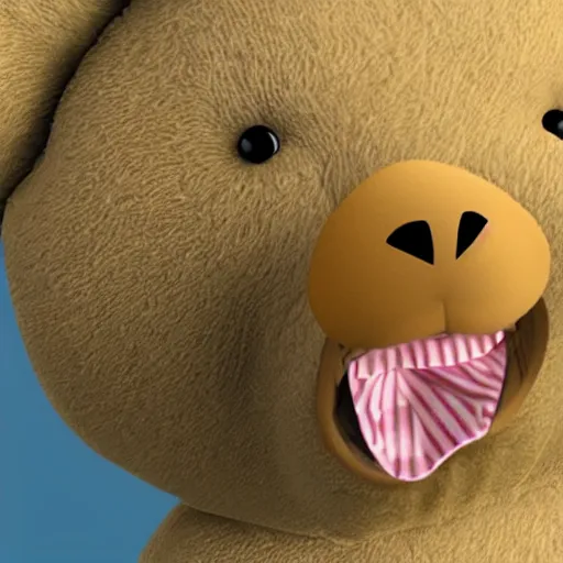 Prompt: teddy bear puking from mouth, photorealistic