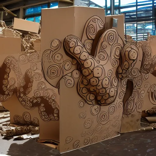 Image similar to many octopus tentacles made of cardboard, cut out of brown corrugated cardboard