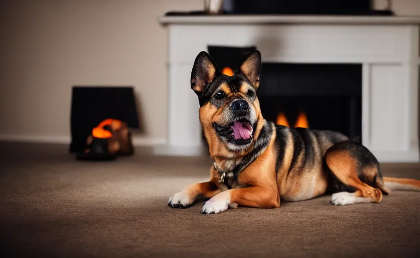 Prompt: studio photography of a dog in front of a fireplace, detailed face, cinematic lighting, 8 k