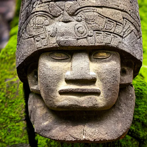 Prompt: intimidating olmec head carved into a mossy stone wall with ornate incan patterns