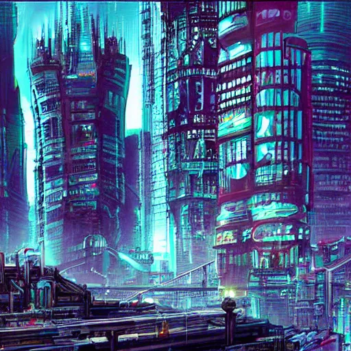 Prompt: victorian cyberpunk cityscape