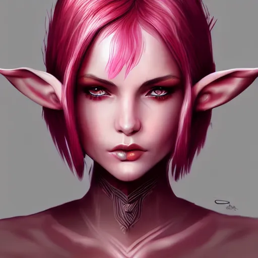 Image similar to half elf woman, beautiful, short pink hair, deep crimson eyes, digital art, smooth, character drawing, artstation, highly detailed, symmetry