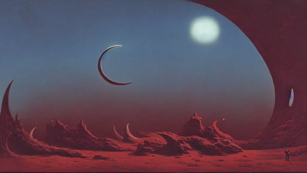 Image similar to mysterious sculpture of an alien crescent moon by paul lehr and john schoenherr, cinematic matte painting