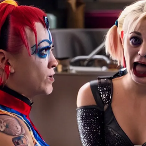 Prompt: A still of Kaley Cuoco as Harley Quinn-n 9