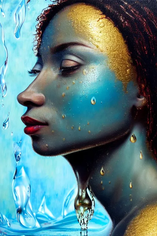 Image similar to hyperrealistic precisionist cinematic profile very expressive! oshun goddess, in water! john everett millais, mirror dripping droplet!, gold flowers, highly detailed face, digital art masterpiece, smooth eric zener cam de leon, dramatic pearlescent turquoise light on one side, low angle uhd 8 k, shallow depth of field